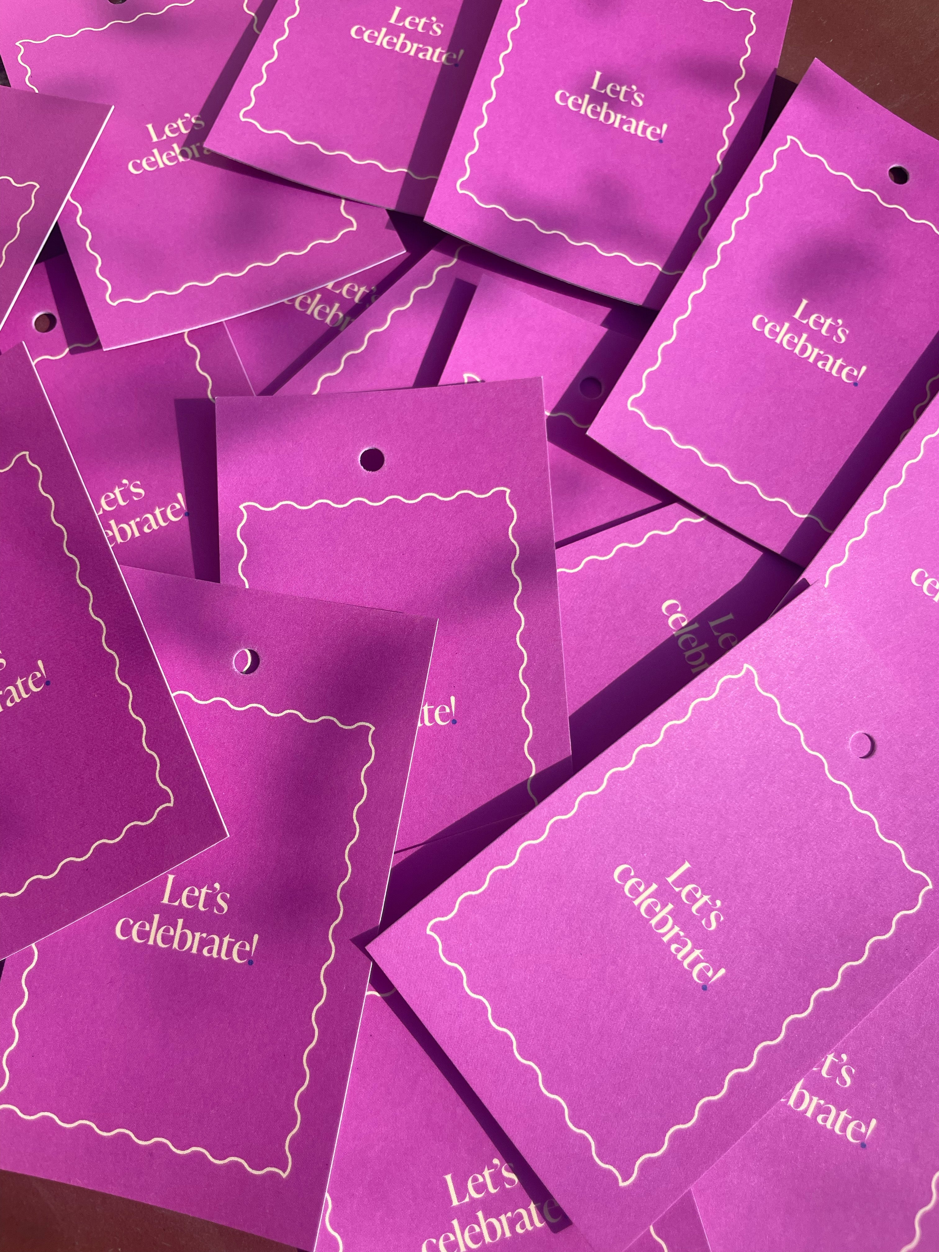 CARDBOARD. Card. Let's Celebrate Gift Tags. Hot Pink and Yellow. Squiggle Border.